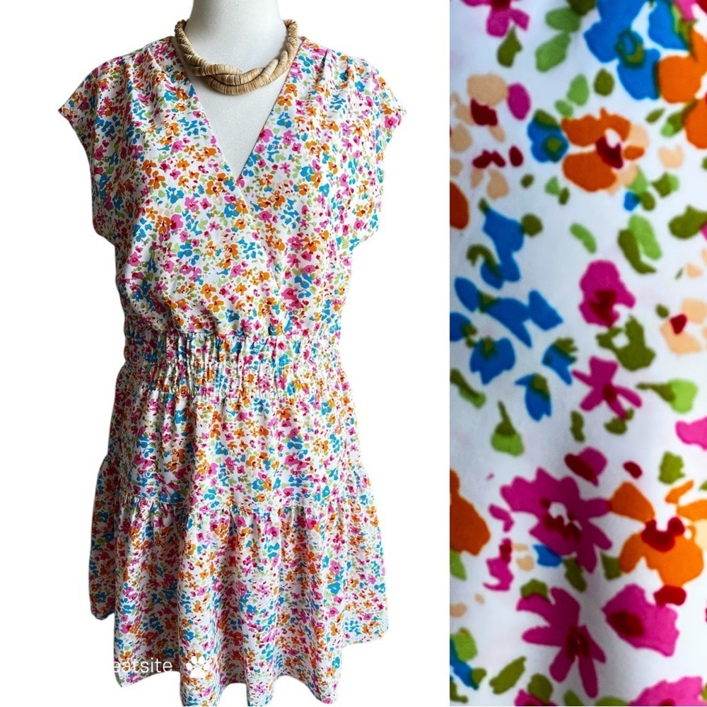 Kori Sage Combo Dress‎ Mini Elastic Shirring V-Neck Sleeveless Lined Floral - Picture 16 of 16